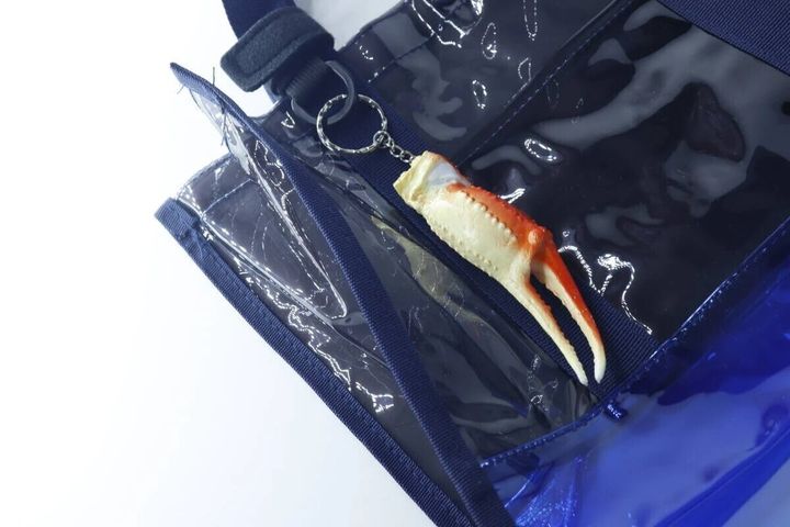 青いビニールバッグのポケットにカニ爪キーホルダーが付いている