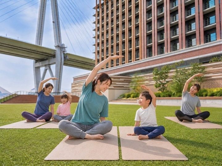 リーベルホテル大阪「親子ヨガレッスン」のテラスでのレッスン風景