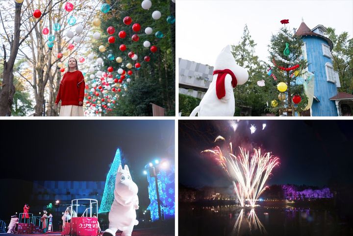 「ムーミン谷のクリスマス2026」の会場装飾とキャラクター、花火の様子
