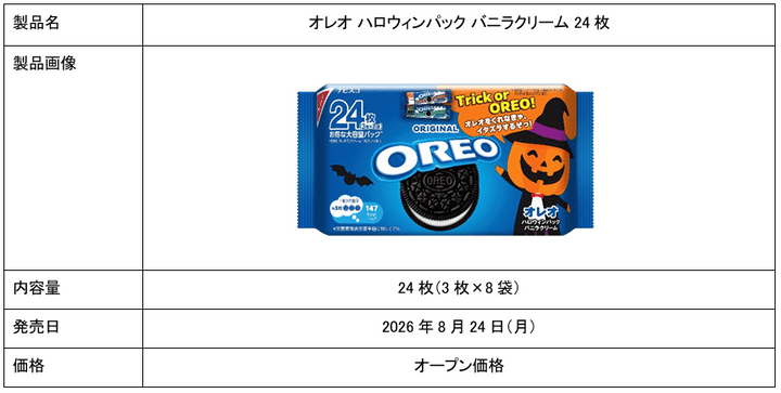 オレオ ハロウィンパック バニラクリーム24枚の製品情報表とパッケージ