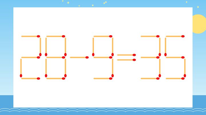 【マッチ棒クイズ】1本だけ動かして正しい式に：28-9=35？の問題画像