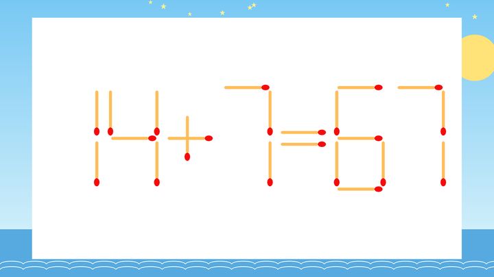 【マッチ棒クイズ】1本だけ動かして正しい式に：14+7=67？の問題画像