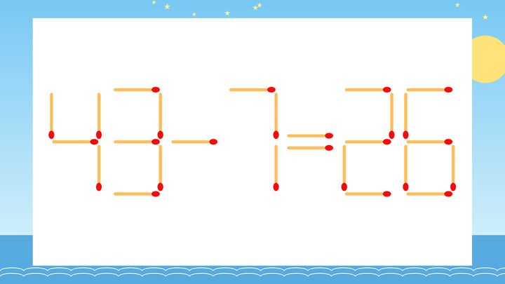 【マッチ棒クイズ】1本だけ動かして正しい式に：43-7=26？の問題画像