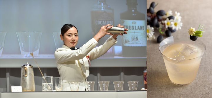 實野愛さんがコンペティション会場でシェーカーを構える様子