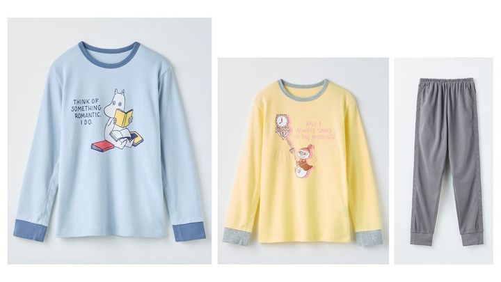 本を持つムーミン柄・時計を持つリトルミイ柄トップスとグレーパンツ