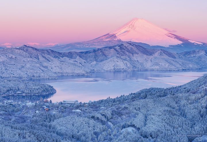 朝焼けに染まる雪化粧の富士山