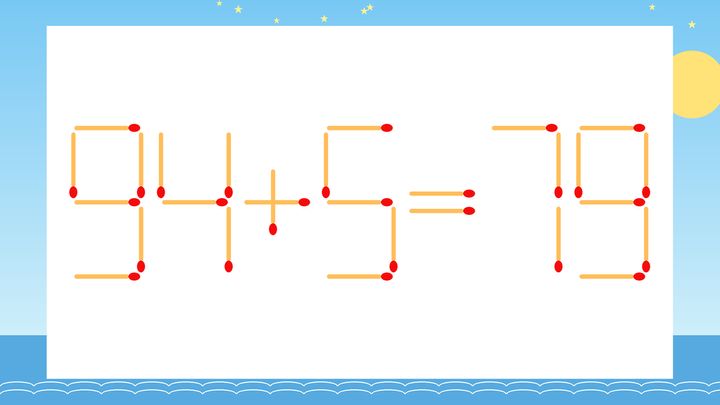 【マッチ棒クイズ】1本だけ動かして正しい式に：94+5=79？の問題画像