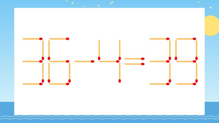 【マッチ棒クイズ】1本だけ動かして正しい式に：36-4=39？の問題画像