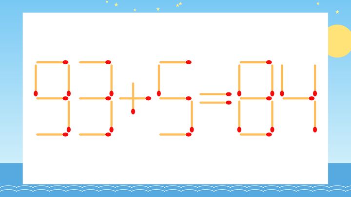 【マッチ棒クイズ】1本だけ動かして正しい式に：93+5=84？の問題画像