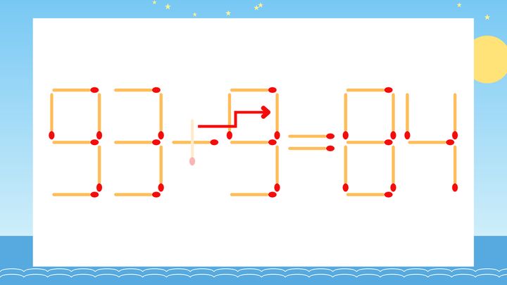 【マッチ棒クイズ】1本だけ動かして正しい式に：93+5=84？の解答画像