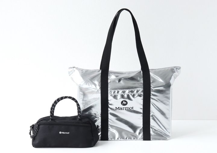 黒いショルダーバッグとシルバーの保冷バッグが並んでいる