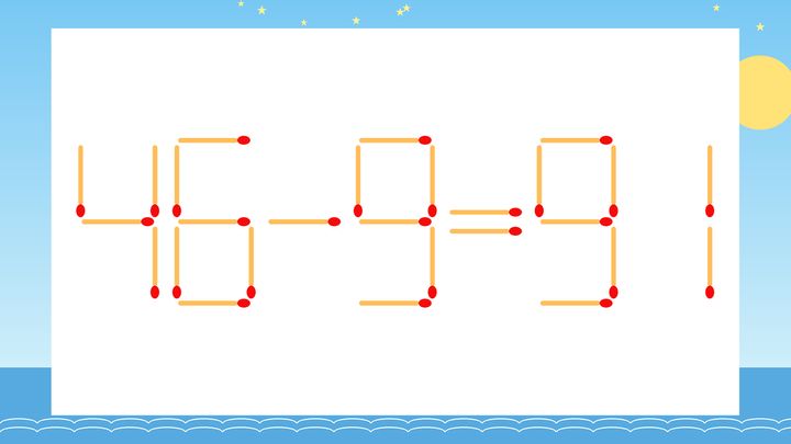 【マッチ棒クイズ】1本だけ動かして正しい式に：46-9=91？の問題画像