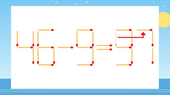 【マッチ棒クイズ】1本だけ動かして正しい式に：46-9=91？の解答画像