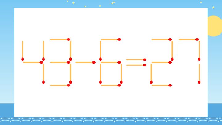 【マッチ棒クイズ】1本だけ動かして正しい式に：43-6=27？の問題画像
