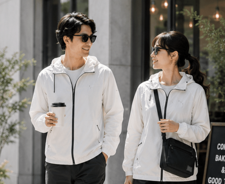 街中で「空調ラッシュガード」を着用する男女
