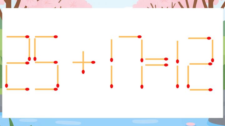 【マッチ棒クイズ】1本だけ動かして正しい式に：25+17=12？の問題画像