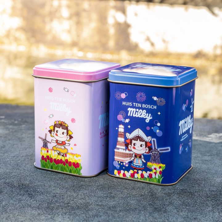 ピンクとブルーが並ぶ「ハウステンボス ミルキー缶」