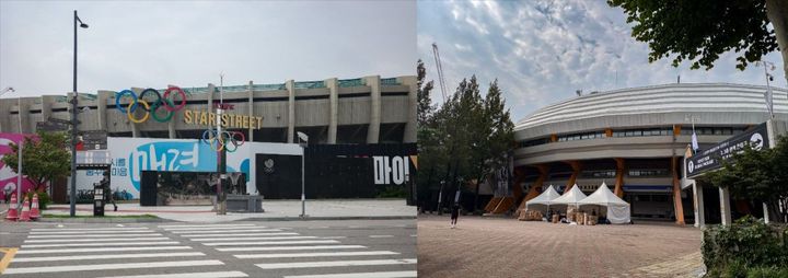 主競技場（写真左）と室内体育館（写真右）