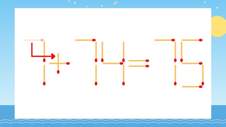 【マッチ棒クイズ】1本だけ動かして正しい式に：7-74=75？の解答画像