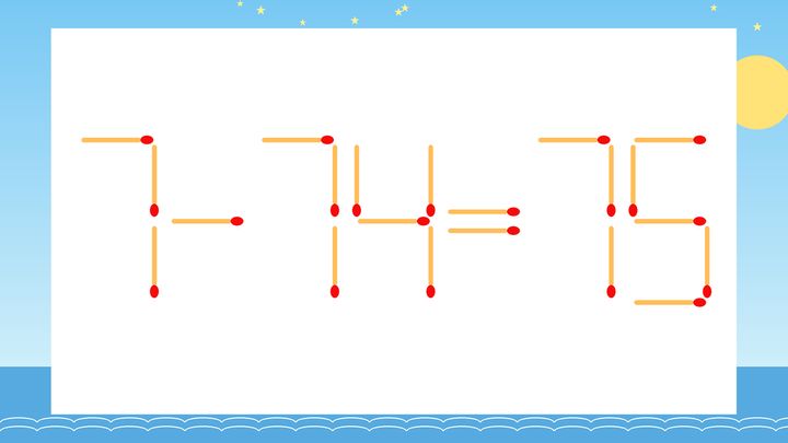【マッチ棒クイズ】1本だけ動かして正しい式に：7-74=75？の問題画像
