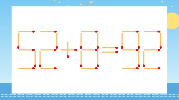 【マッチ棒クイズ】1本だけ動かして正しい式に：52+8=92？の問題画像