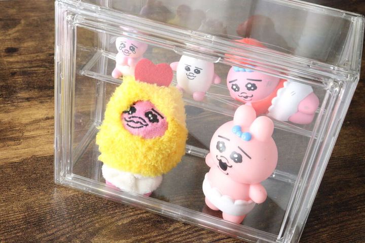 ケースの中に複数のキャラクターグッズが飾られている