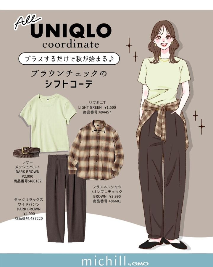 ユニクロのブラウンチェックシャツを使ったコーデイラスト