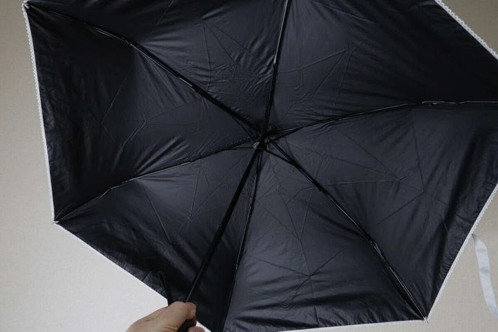 黒い裏地と白いピコレースの縁取りがある折りたたみ傘を、手で広げている様子