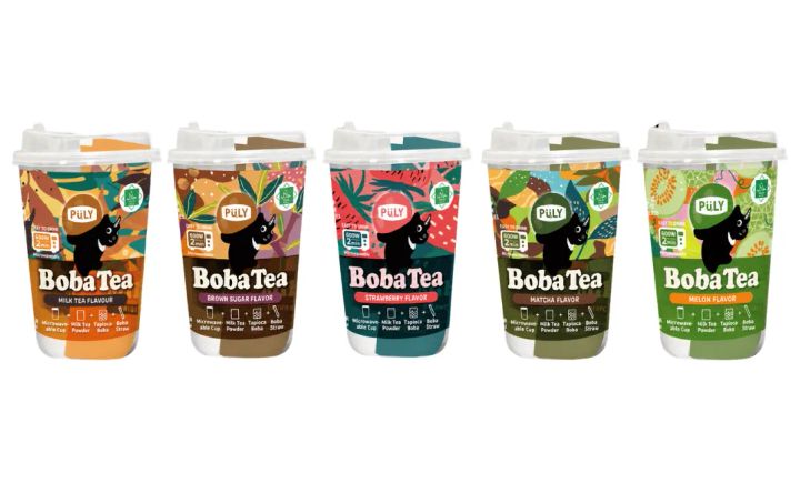 プーリータピオカドリンク(BobaTea)ミルクティ(左端)を含むパッケージ