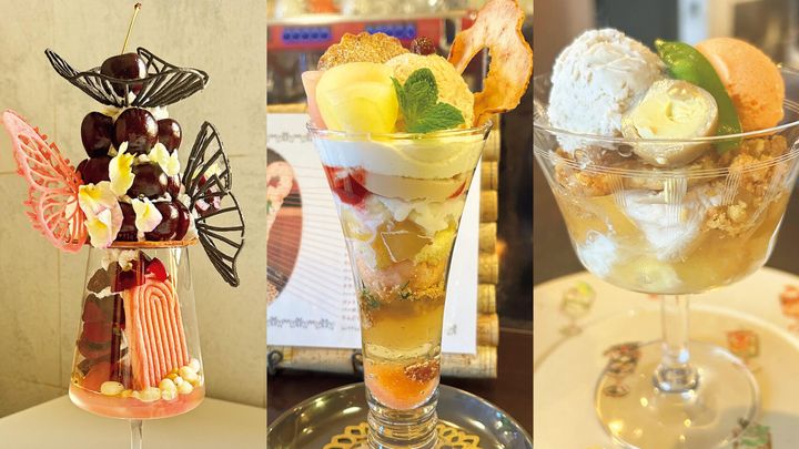 今戸〈雨虹〉ダークチェリーパフェ、下落合〈カフェ クーポラ・メジロ〉花月に実るりんごパフェ、西荻窪〈Typica〉春を待つパフェ