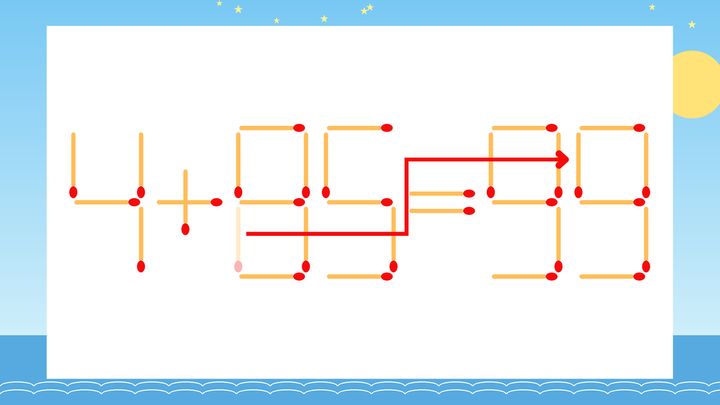 【マッチ棒クイズ】1本だけ動かして正しい式に：4+85=93？の解答画像