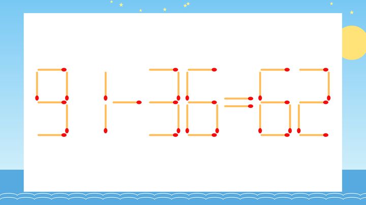 【マッチ棒クイズ】1本だけ動かして正しい式に：91-36=62？の問題画像