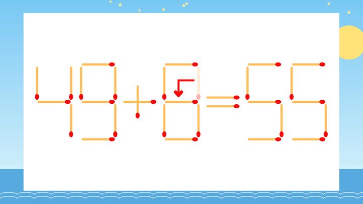 【マッチ棒クイズ】1本だけ動かして正しい式に：49+0=55？の解答画像