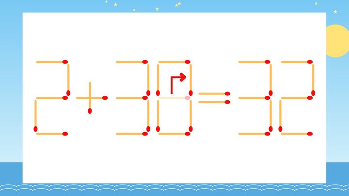 【マッチ棒クイズ】1本だけ動かして正しい式に：2+36=32？の解答画像