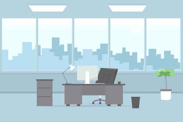 窓際にデスクとチェア、観葉植物が置かれたオフィスのイラスト