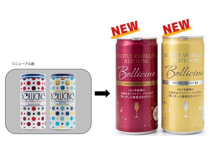 新旧デザインを比較した「ボッリチーノ」の缶