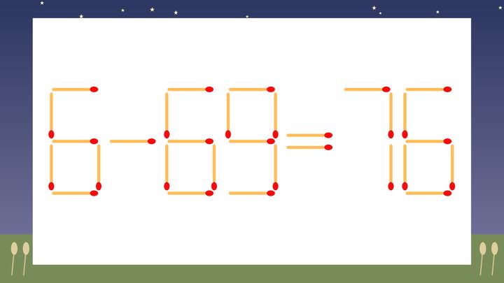 【マッチ棒クイズ】1本だけ動かして正しい式に：6-69=76？の問題画像