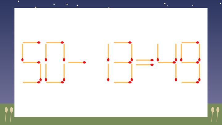 【マッチ棒クイズ】1本だけ動かして正しい式に：50-13=49？の問題画像