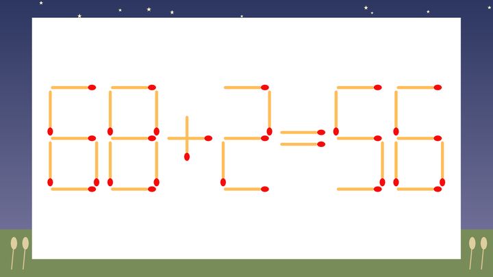 【マッチ棒クイズ】1本だけ動かして正しい式に：68+2=56？の問題画像