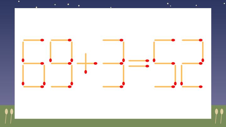 【マッチ棒クイズ】1本だけ動かして正しい式に：69+3=52？の問題画像