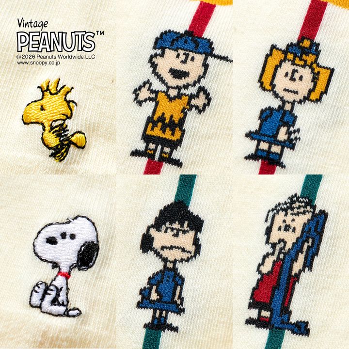 アイボリー×マルチの靴下に施された6人のキャラクター刺繍