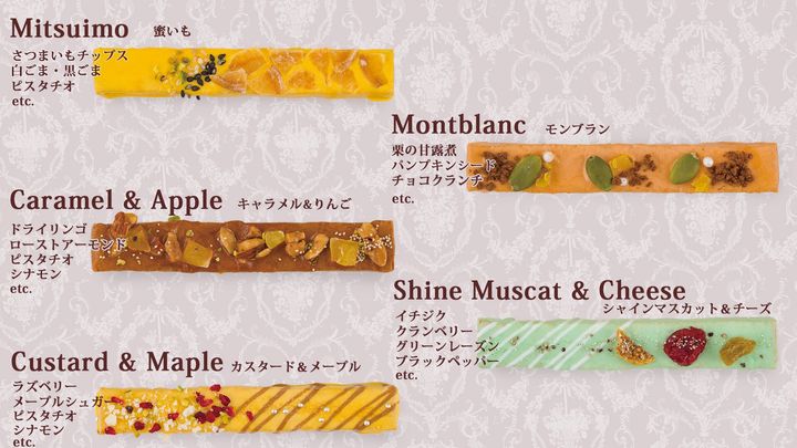 5種類のフレーバー名とトッピングの一覧