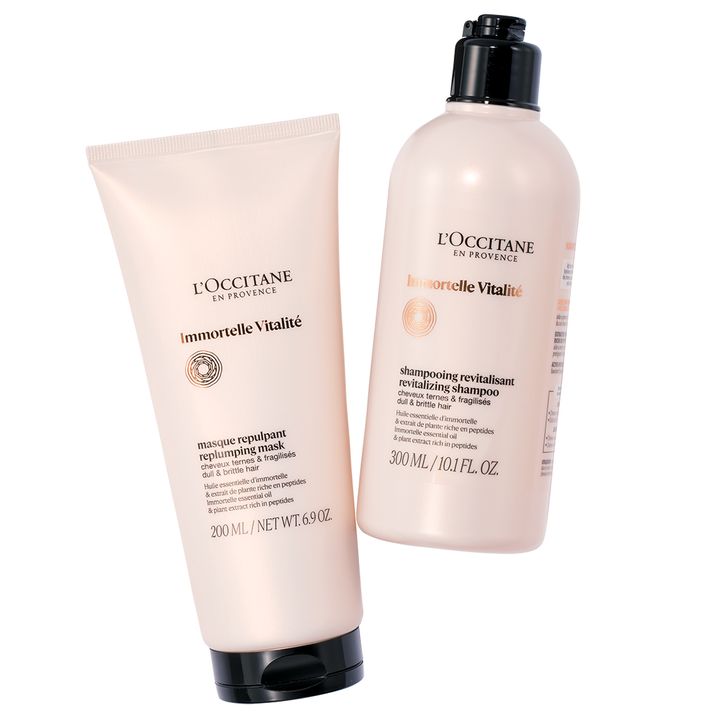 ロクシタン 左：イモーテル ヴィタリテ プランピングヘアマスク、右：イモーテル ヴィタリテ リバイタライジングシャンプー