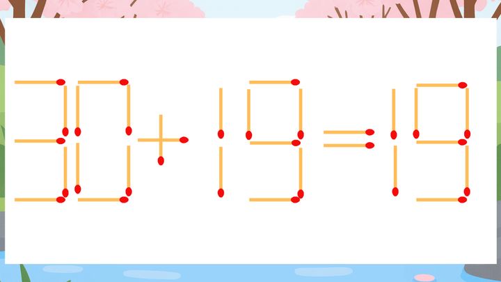 【マッチ棒クイズ】1本だけ動かして正しい式に：30+19=19？の問題画像