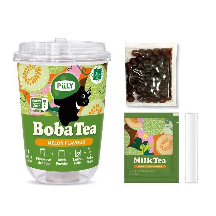 プーリータピオカドリンク(BobaTea)メロンのカップとタピオカ、パウダー