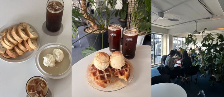 「カイマク」W1万5000と「アイスクリームクロッフル」W1万7000。2人が座った2階席は緑いっぱい