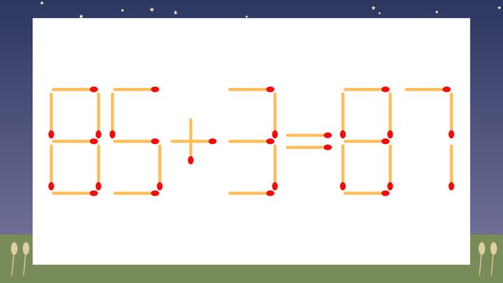 【マッチ棒クイズ】1本だけ動かして正しい式に：85+3=87？の問題画像