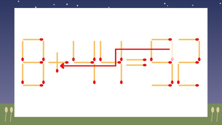 【マッチ棒クイズ】1本だけ動かして正しい式に：8-44=92？の解答画像