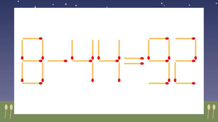 【マッチ棒クイズ】1本だけ動かして正しい式に：8-44=92？の問題画像