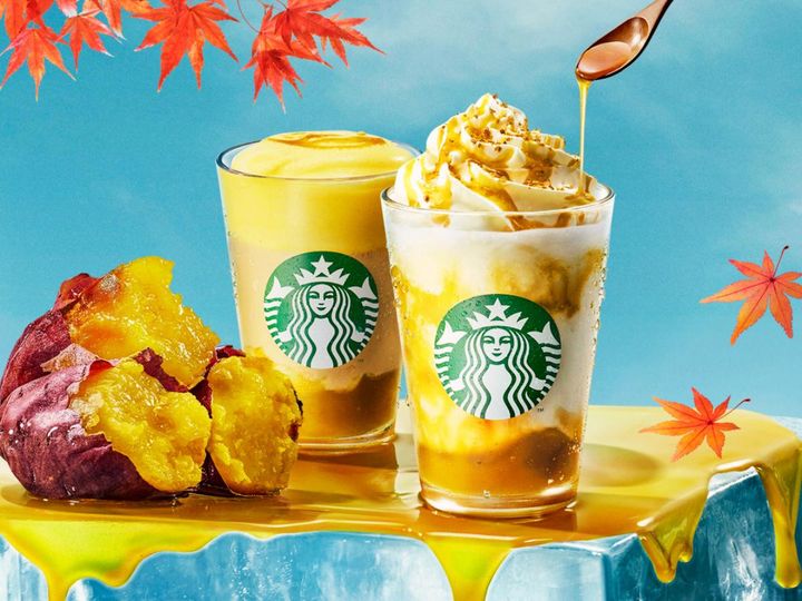 「とろり蜜芋 紅はるか フラペチーノ」（Tall 700円）、「とろり蜜芋 紅はるか ムース ティー ラテ」（Tall 640円） ※テイクアウトは税率が異なる width=
